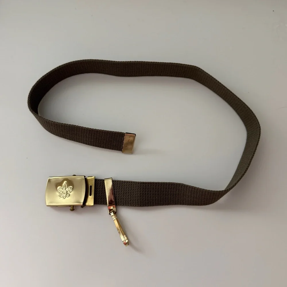 BSA Boy Scouts Vintage Brass Buckle Green Uniform Belt w/Knife Holder - Size S/M